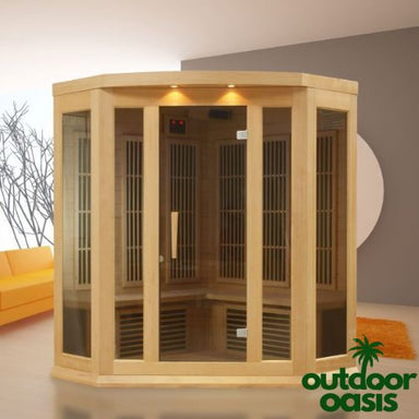 Maxxus-3-Person-Corner-Infrared-Sauna-Front-Side-View-in-Living-Room