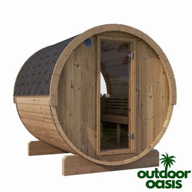 SaunaLife "E8W" Barrel Sauna with Window Front Left Side View with White Background