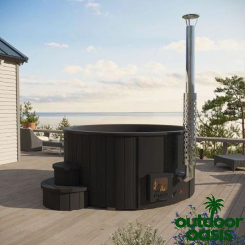 SaunaLife-S4-Wood-Fired-Hot-Tub-on-Back-Patio-with-Flame-Lit